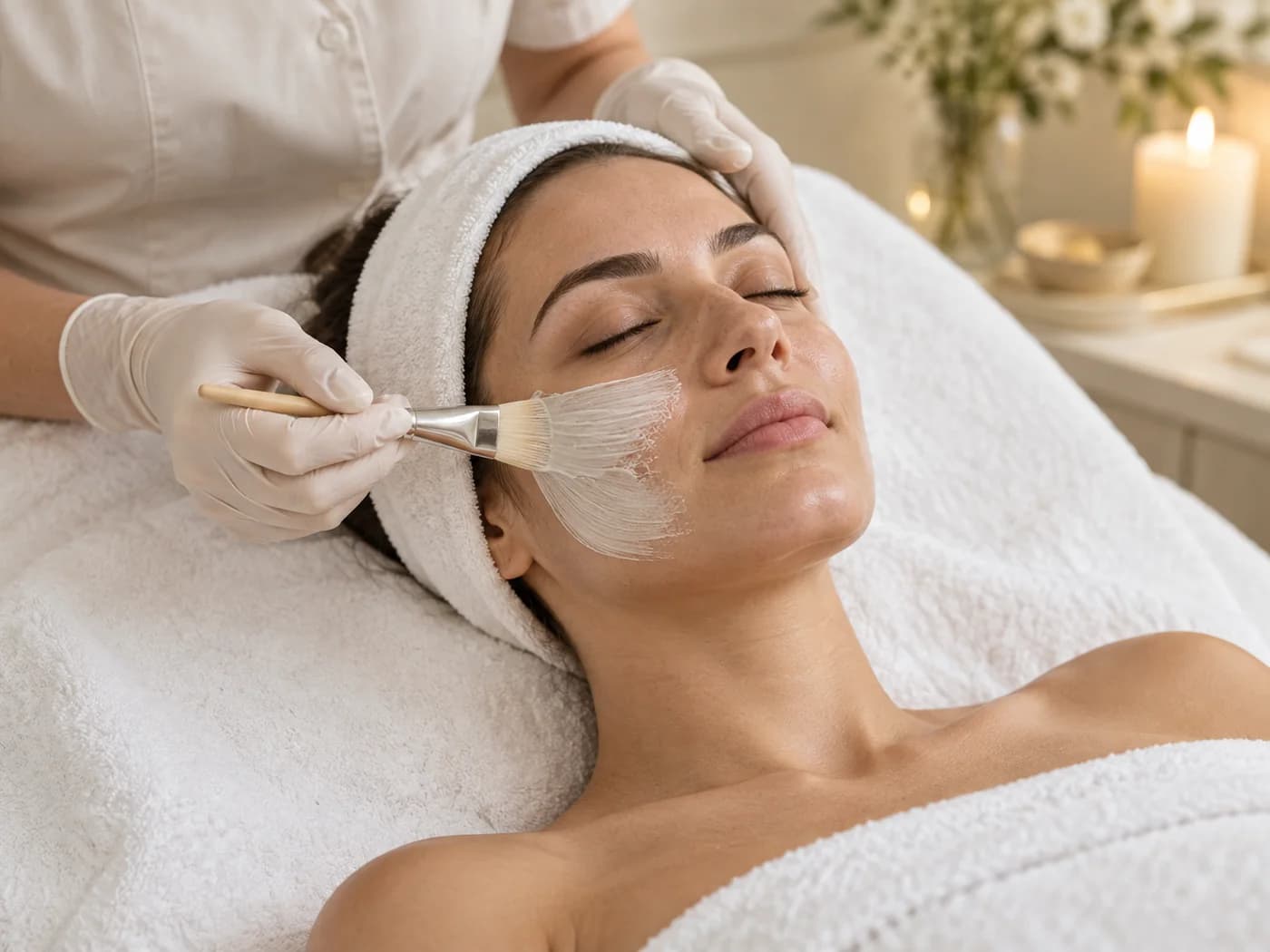 A woman relaxing while a facial mask is gently applied with a brush